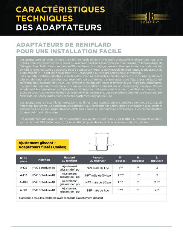 CARACTÉRISTIQUES TECHNIQUES DES ADAPTATEURS