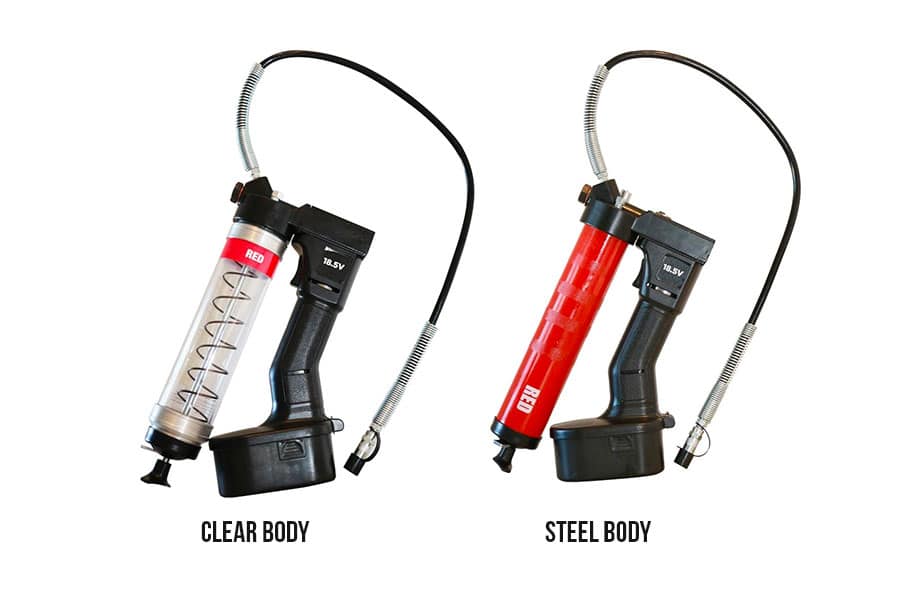 Steel Body And Clear Body Battery Operated Grease Guns - OilSafe Lubrication Management